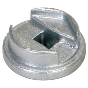 Close-up of a metallic silver bolt head with a unique design, showcasing two raised ridges converging into a central square recess. The smooth, shiny surface is reminiscent of the industrial elegance found in the Vestil Zinc Drum Bung Socket 3/4 In Drive.