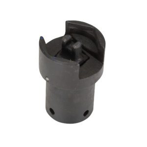 The Vestil Impact Drum Socket 1/2 In Drive is a black metal tool with a cylindrical base and a U-shaped top with two prongs, ideal for specific mechanical or automotive applications.
