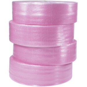The image shows four glossy, tightly wound rolls of pink bubble wrap, ideal for anyone needing the MH-USA 3/16 x 48 x 750 Anti-Static Air Bubble Roll for packaging needs.
