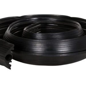 The Vestil Extruded Rubber Cord Protectr 4.4K 12 Ft is a black rubber waterstop with grooved texture and hollow core, designed for sealing joints in concrete structures.
