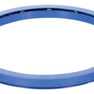 A blue circular metal bearing, similar to the Vestil Manual Carousel 2000 Lb Capacity 24 In, shows visible ball bearings around its inner edge. Designed for smooth rotation, it is displayed against a white backdrop.