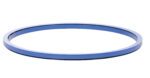 A sleek blue circular metal ring, resembling the design of a Vestil Manual Carousel 4000 Lb Capacity 48 In, is set against a plain white background. The ring appears slightly reflective and evenly colored.
