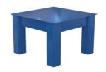 A compact, square, blue table with thick legs and a glossy surface mirrors the sleek design of the Vestil Elevated Base For Carousel 6K 40D X 12H. Set against a plain white background, it showcases modern simplicity.