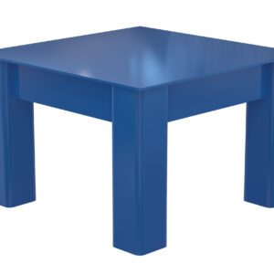 A compact, square blue table with four sturdy legs stands against a white background, showcasing a smooth, glossy finish and simple design reminiscent of the Vestil Elevated Base For Carousel 6K 60D X 12H.