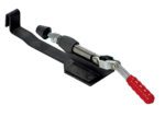 A versatile metal toggle clamp with a red handle, black rubber stopper, and adjustable barrel bolt is mounted on a flat black base, perfectly complementing the Vestil Carousel Optional Manual Brake for improved control and precision.