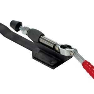 A versatile metal toggle clamp with a red handle, black rubber stopper, and adjustable barrel bolt is mounted on a flat black base, perfectly complementing the Vestil Carousel Optional Manual Brake for improved control and precision.