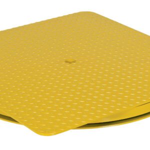 A yellow, textured square metal plate partially covers a round base, similar to the sturdy Vestil HD King Pin Carousel 4000 lb. The surface has a diamond pattern with a central hole and measures 36W x 36L for precise functionality.