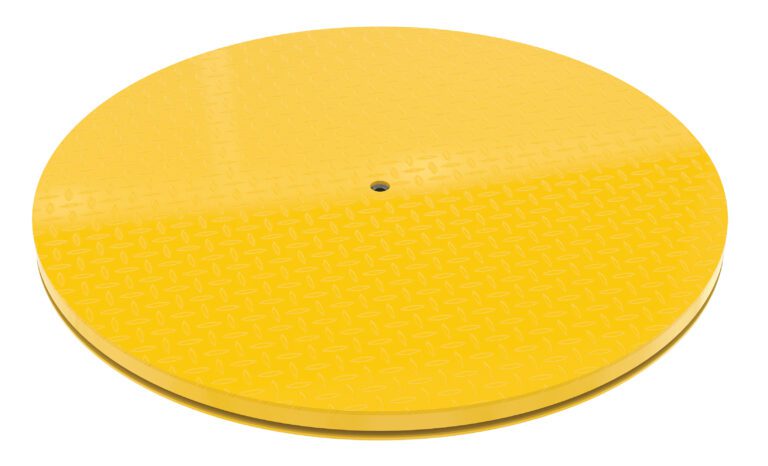 The Vestil Carousel 60 Round 6000# Capacity is a durable, efficient platform with a yellow textured diamond surface and central hole. It measures 60 inches in diameter and can support up to 6,000 pounds.