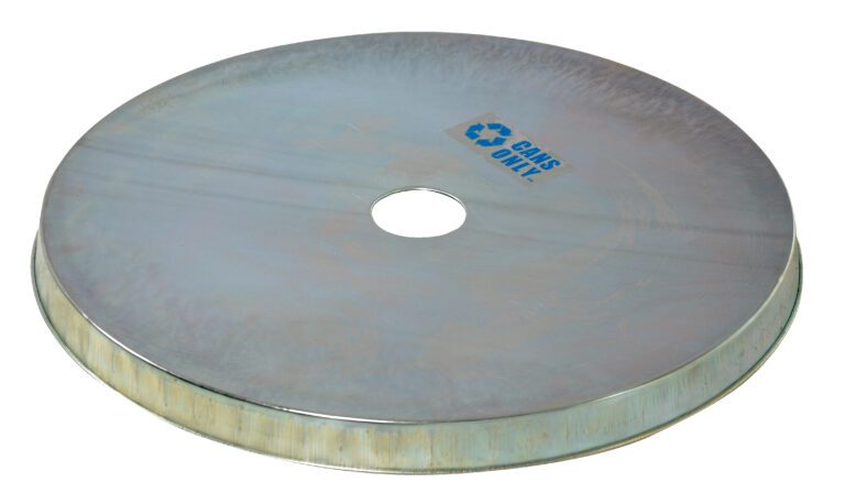 CAN-CAP-G_A.jpg A large, round, flat metal disk with a central hole, similar to the Vestil Open Head Galv Drum Cover Disposal Hole, displays a recycling symbol and CANS ONLY text in blue on its slightly reflective metallic surface.