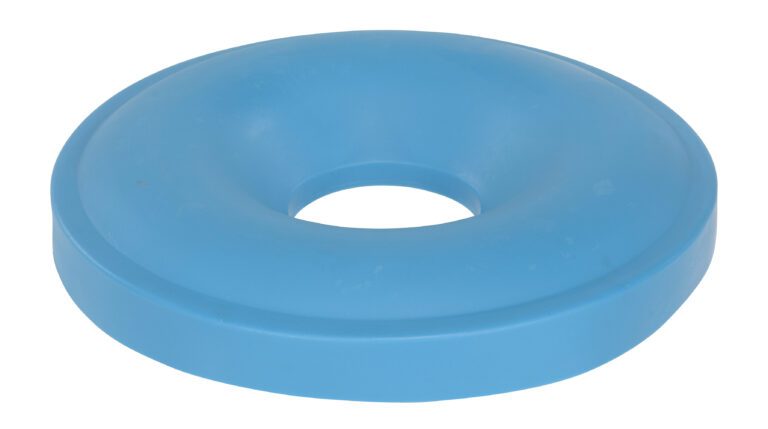 CAN-CAP-P_A.jpg A blue, doughnut-shaped rubber ring with a smooth surface resembles the Vestil Drum Recycling Lid 55 Gal Drum Blue 7 In. The object features a central hole and appears to be an inflatable swim ring or flotation device commonly used in water activities or therapy.