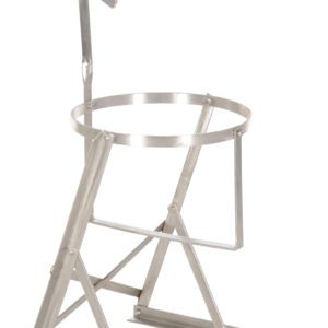 The Vestil Manual Pail Tipper Stainless Steel 70 Lb features a circular ring and side handle for object mounting. Its angled legs ensure stability on flat surfaces while supporting up to 70 lbs with ease.