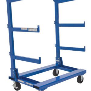 The blue Vestil Portable Cantilever Cart 30X48.5X64.6 is a metal utility cart with horizontal bars and four wheels, designed for secure storage and easy transport due to its sturdy open frame construction.
