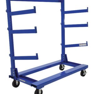 The Vestil Portable Cantilever Cart 30X60.5X64.6 includes a blue metal storage rack on wheels, featuring several horizontal shelves on one side and a flat base, ideal for storing long items such as pipes or lumber.