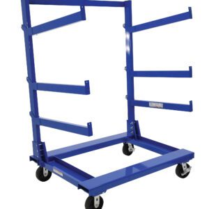 The Vestil Portable Cantilever Cart 36X48.5X64.6, a blue metal cart with four wheels and numerous horizontal bars, features an open angular design ideal for robust industrial storage or transport tasks.