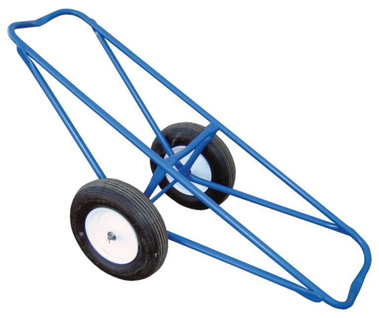 The Vestil Rug Dolly Foam-Filled Wheels 26 X 61 is a blue metal hand truck with two large foam-filled wheels and a minimalist frame, perfect for easily transporting long or bulky items.