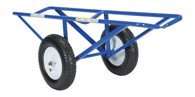 The blue steel flatbed cart, echoing a Vestil Rug Dolly Pneumatic Wheels 26 X 61 in function, features two black rubber pneumatic wheels with white rims for enhanced mobility and has a simple open-frame design ideal for versatile heavy object transport.