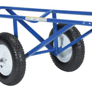The blue steel flatbed cart, echoing a Vestil Rug Dolly Pneumatic Wheels 26 X 61 in function, features two black rubber pneumatic wheels with white rims for enhanced mobility and has a simple open-frame design ideal for versatile heavy object transport.