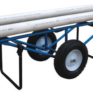 The Vestil Rug Dispenser, a blue metal cart with foam-filled wheels and foldable black legs, easily holds three long white PVC pipes. Measuring 25.94 x 61, it features a sturdy handle for smooth maneuverability across various surfaces.