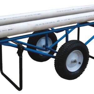 The Vestil Rug Dispenser features a blue metal trolley with a single axle and two large black pneumatic wheels, ideal for transporting long cylindrical objects. It securely holds two white PVC pipes and measures 25.94 x 61, with a handle on one side for easy maneuvering.
