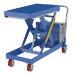 The Vestil Hydraulic Elevating Cart 20X40 1000 Lb 12V Dc features a blue lift table, silver handle, yellow lever, red wheels, and a scissor lift mechanism. Its rectangular base has four swiveling wheels for smooth mobility and supports up to 1000 Lbs.