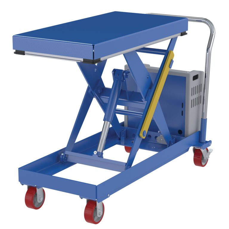 CART-1000-2040-DC_A.jpg The Vestil Hydraulic Elevating Cart 20X40 1000 Lb 12V Dc features a blue lift table, silver handle, yellow lever, red wheels, and a scissor lift mechanism. Its rectangular base has four swiveling wheels for smooth mobility and supports up to 1000 Lbs.