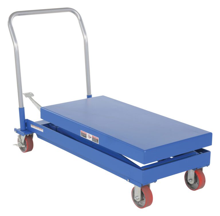 CART-1000-2040-FP_A.jpg Introducing the Vestil Hydraulic Elevating Cart 20X40 with a 1000 lb capacity, featuring a blue design, flat surface, handlebar for easy maneuvering, and red caster wheels for smooth mobility. It operates effortlessly using its reliable foot pump mechanism.
