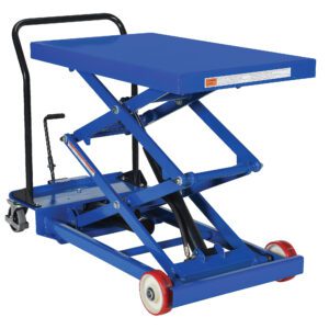 The Vestil Premium Double Scissor Cart 1K 24 X 40.5 is a blue hydraulic lift with a flat platform and red wheels, equipped with a handle for easy maneuvering and a foot pedal for lifting, ideal for transporting heavy items efficiently.