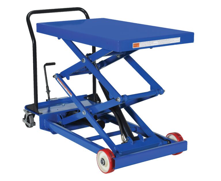 CART-1000-D-FR_A.jpg The Vestil Premium Double Scissor Cart 1K 24 X 40.5 is a blue hydraulic lift with a flat platform and red wheels, equipped with a handle for easy maneuvering and a foot pedal for lifting, ideal for transporting heavy items efficiently.