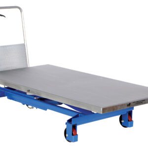 The Vestil Hydraulic Single Scissor Cart Auto Shift boasts a blue lift table with a flat metallic surface, red wheels, and an upright silver handle. Its industrial design and four caster wheels ensure excellent mobility and functionality.