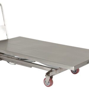 The Vestil Partially SS Elevating Cart, featuring four red wheels and a handle, is perfect for efficiently transporting heavy items on its flat, rectangular platform. The durable finish and upright handle ensure smooth maneuverability.