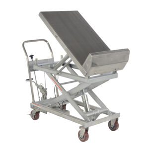 The Vestil Partially Ss Lift & Tilt Cart 1K 22X33.6 is a stainless steel hydraulic lift table with wheels, designed for easy maneuverability. Its tilting platform, handle, and visible lift mechanism make it perfect for transporting or positioning heavy items effortlessly.