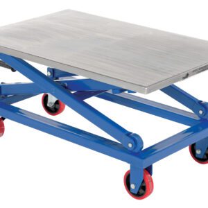 The blue Vestil Mech Scissors Cart features a flat metal platform and four red caster wheels. Designed for lifting up to 1000 lbs, it includes a hand lever for height adjustment, making it robust and user-friendly.