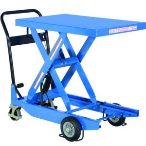 The Vestil Premium Single Scissor Cart 1K 23.6X35.4 features a blue hydraulic lift table with black handles and wheels, emphasizing an efficient lifting mechanism designed for ease of use and stability in its raised position.
