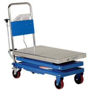 The Vestil Scissor Cart With Built In Scale boasts a blue hydraulic lift table cart, a silver platform, four red caster wheels, and a manual lever. It features an ergonomic handlebar and raised backplate for industrial use, with a visible warning label on the side.