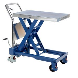 The Vestil Single Hydra Scissor Cart 1K 32 X 19.75 is a blue hydraulic lift table with a metal platform, caster wheels, and handle. Its foot pedal allows easy lifting of heavy items on the 32 X 19.75 platform.