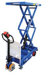 The Vestil Hydraulic Double Scissor Cart 1K 40 X 24 is a durable blue lift table designed for heavy lifting, featuring an 800 kgs capacity label. It includes a red control handle and orange-black wheels for efficient maneuvering.