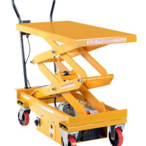 The bright yellow Vestil DC Power Hydr Scissor Cart 1K 39.75X20.5 is a hydraulic lift table with a scissor mechanism, featuring a flat platform, black handle, red caster wheels for mobility, and a visible side safety warning.