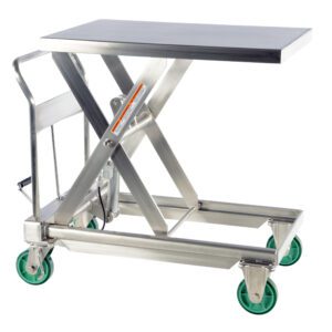 The Vestil SS Hydraulic Scissor Cart 1.1K 35.5X23.5 is a durable stainless steel lift table with a flat rectangular top, X-shaped support, and four green caster wheels for easy mobility and heavy lifting.