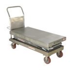 The Vestil Partially Ss Elevating Cart 1.5K 24X47.5 includes a stainless steel hydraulic lift table, flat platform, ergonomic handle, and wheeled base with red casters for easy maneuvering. Safety stickers ensure compliance and enhance functionality.