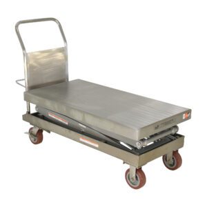 The Vestil Partially Ss Elevating Cart 1.5K 24X47.5 includes a stainless steel hydraulic lift table, flat platform, ergonomic handle, and wheeled base with red casters for easy maneuvering. Safety stickers ensure compliance and enhance functionality.