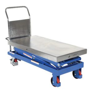 The Vestil Hydraulic Scissor Cart 1.5K 47.5 X 24 includes a blue lift table with red caster wheels, a flat silver platform, and a tall handlebar, making it perfect for effortlessly lifting and transporting heavy objects with its industrial design.