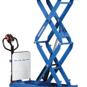 The blue Vestil Hydraulic Double Scissor Cart 1.5K 40X24 comes with caster wheels and a handle for easy maneuvering, offering optimal functionality when elevated to its maximum height.