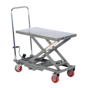 The Vestil Aluminum Elevating Cart 220Lb 15.75x27 features a silver hydraulic lift table with a flat platform, metal handle, scissor lift mechanism, foot pedal, and red caster wheels for efficient heavy item transport.