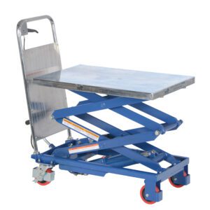 The Vestil Hydra Double Scissor Cart 220Lb 17.5X27 features a blue hydraulic lift table with a 17.5x27 stainless steel platform, red caster wheels, and a convenient handle for easy maneuvering, ideal for efficiently lifting and transporting items up to 220 lbs.