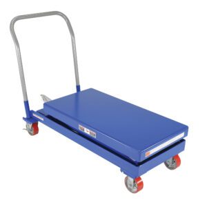 The blue Vestil Hydraulic Elev Cart 20X40 2000 Foot Pump features a rectangular platform, metal handle, and four wheels (two with brakes), efficiently transporting heavy loads up to 2000 lbs in industrial settings.