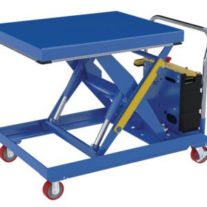 The Vestil Hydraulic Elevating Cart 32X40 2000 12V DC is a blue scissor lift table with a flat top and sturdy metal frame, featuring four red swivel caster wheels, a silver handle, and yellow side controls. It measures 32x40 inches and operates on a powerful 12V DC system.