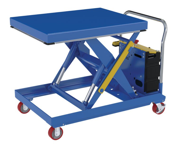 CART-2000-3240-DC_A.jpg The Vestil Hydraulic Elevating Cart 32X40 2000 12V DC is a blue scissor lift table with a flat top and sturdy metal frame, featuring four red swivel caster wheels, a silver handle, and yellow side controls. It measures 32x40 inches and operates on a powerful 12V DC system.