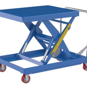 The Vestil Hydraulic Elev Cart 32X40 2000 Foot Pump is a blue scissor lift table with a rectangular platform and red wheels, designed with a foot pump and handlebar for easy lifting and transporting of heavy items.