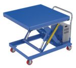 The Vestil Hydraulic Elevating Cart 42x42 features a metal platform, yellow safety bar, and silver handle. It offers reliability with its design and mobility with red-wheeled casters. The 12V DC electric motor is conveniently visible on the side.