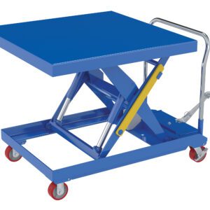 The Vestil Hydraulic Elev Cart 42X42 2000 Foot Pump features a blue lift table with a flat 42x42 surface, yellow lever, sturdy metal handle, and red wheels. It has a reliable foot pump supporting a 2000-lb capacity for smooth lifting.
